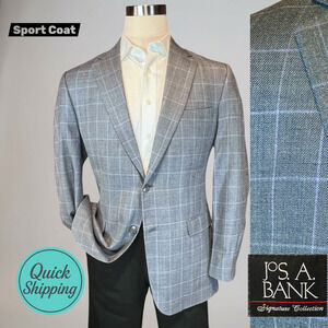 Jos A Bank Tailored Fit 42-44L Gray Purple Plaid Hopsack Blazer Sport Coat Silk